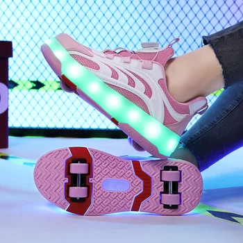 Нова розова, USB зареждане, Модерни обувки за момичета и момчета с led подсветка, Обувки за ролери, За деца, Детски маратонки с колела на четири колела