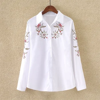 Нови памучни блузи за жени, дамски ризи с бродерия, блузи с дълги ръкави, основна блуза-плетена вълнена жилетка, бяла дамска риза