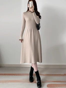 Ново есенно-зимния рокля-пуловер 2023, женски плътни топли плетени рокли с висока талия, ежедневна рокля Макси трапецовидна форма в корейски стил