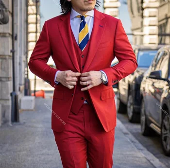 Ново записване, червен мъжки сутрин костюм, сватбени костюми за мъже, най-добрите мъжки костюми от 3 теми (яке + панталон + елек), мъжки костюми по поръчка