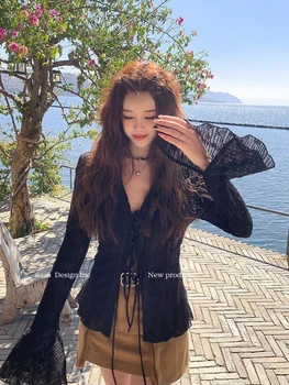 Прозрачен Дамски плажна блуза Jmprs, Корейски Секси Открити Слънчеви върхове с изгорени ръкави, Дамски модни и ежедневни риза от фина дантела