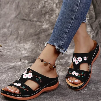 Реколта дамски сандали от кожа с бродерия на цветя, ежедневни меки ортопедични сандали с супинатором Sandalias De Las Mujeres