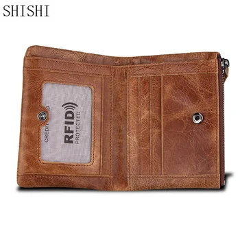 Ретро мъжки портфейл с цип, от естествена кожа с притежателя на RFID-карти, луксозни мъжки портмонета за монети, мултифункционален Мъжки скоба за пари
