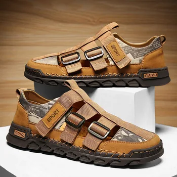 Сандали мъжки летни дишащи сандали ръчно изработени с по-дезодорант Baotou, плажни обувки, модерни ежедневни чехли за шофиране, по-големи размери
