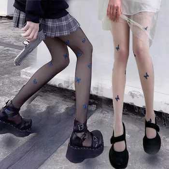 Секси дамски чорапогащник в синьо с пеперуда, Формата на Сексуални коприна на тънки чорапогащи, Чорапогащник от черна кожа, дамски найлонови мрежести чорапи, чорапогащи