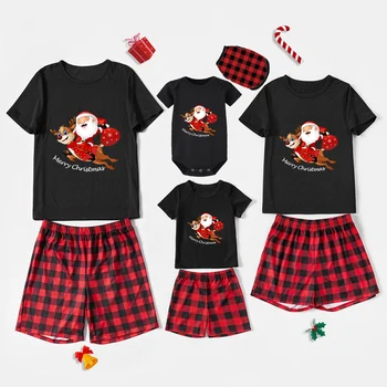 Семейни пижама в тон Коледа, Изключителен дизайн, Подарък кутия с Дядо Коледа и елени, Черна Къса пижама