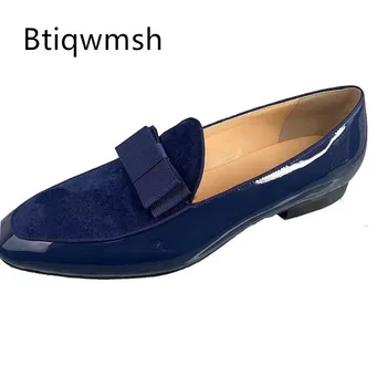 Сини обувки ръчна изработка, мъжки обувки на плоска подметка с остри пръсти и пеперуда от естествена кожа, мъжки модни вечерни обувки