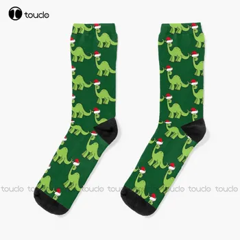 Сладък Коледен Динозавър в чорапи в шапката на Дядо Коледа, чорапи за Хелоуин, женски подарък за Коледа, Нова Година, Деня на Благодарността, 360 ° Цифров печат