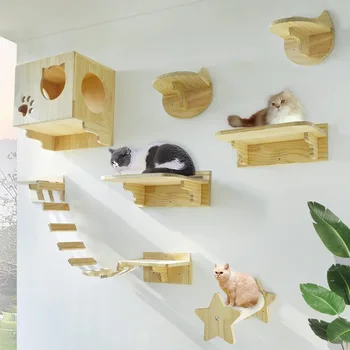 Стенни мебели за котки, дървени рафтове, стенни стъпала, стълбище, легло за котки, конструкция за катерене по дърво, определени от 9