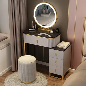 Тоалетка с огледало в рок стил с огледало и табуреткой Модерен минимализъм Многофункционален тоалетка за спалня Шкафчета, Мебели за спални