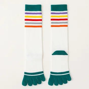 Чорапи за телета за жени, чорапи с разрезным пръсти в цветна ивица, от чист памук с висока шнорхел, есенно-зимни топли чорапи с чорапи, дамска мода