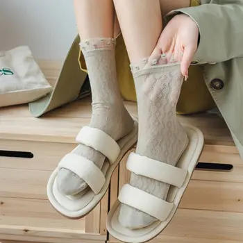 Чорапи със средна дължина, с къдри, удобни ластични за момичета, женски обикновен дамски трикотаж носочные изделия, кухи чорапи, Мрежести чорапи