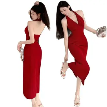 Шифоновое рокля вино-червен цвят без ръкави, летни модни дамски секси вечерна рокля с дълбоко V-образно деколте и висока цепка